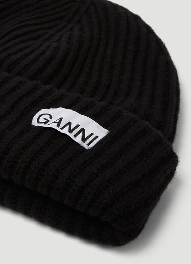 GANNI Logo Patch Ribbed Beanie Hat Black gan0250048