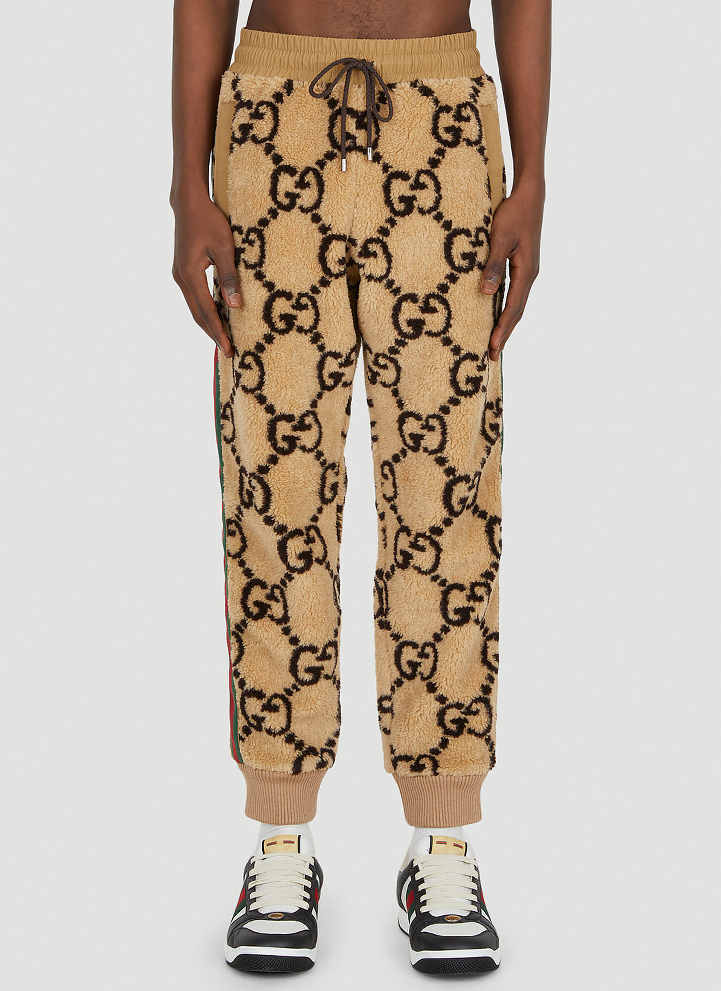 Shop Gucci Gg Jacquard Faux Fur Track Pants In Beige