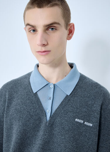 Miu Miu Logo Motif Knit Polo Sweater Blue miu0360007