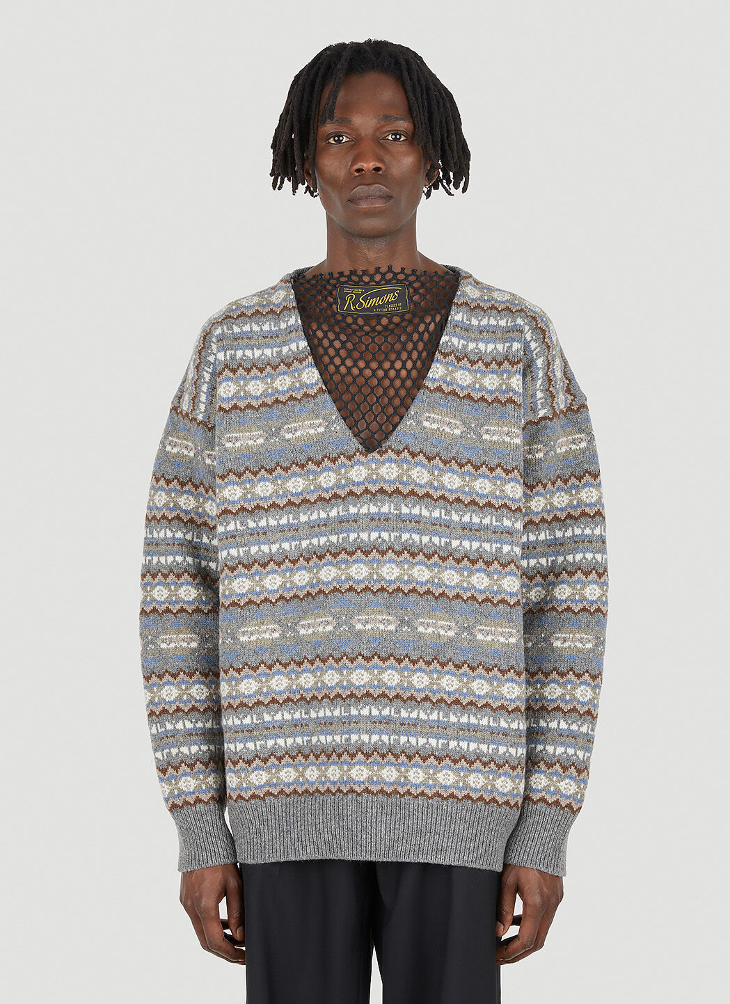 Raf Simons Men s Fair Isle Jacquard Net Sweater in Grey LN CC