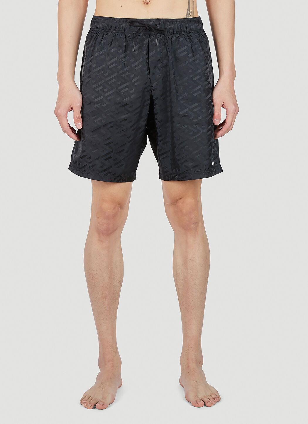 Versace La Greca Jacquard Print Swim Shorts in Black LN CC