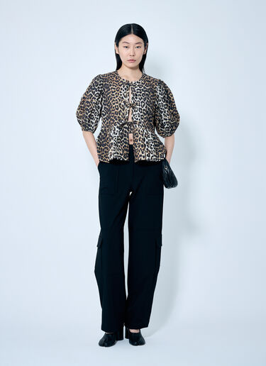 GANNI Leopard Poplin Peplum Blouse Brown gan0259078