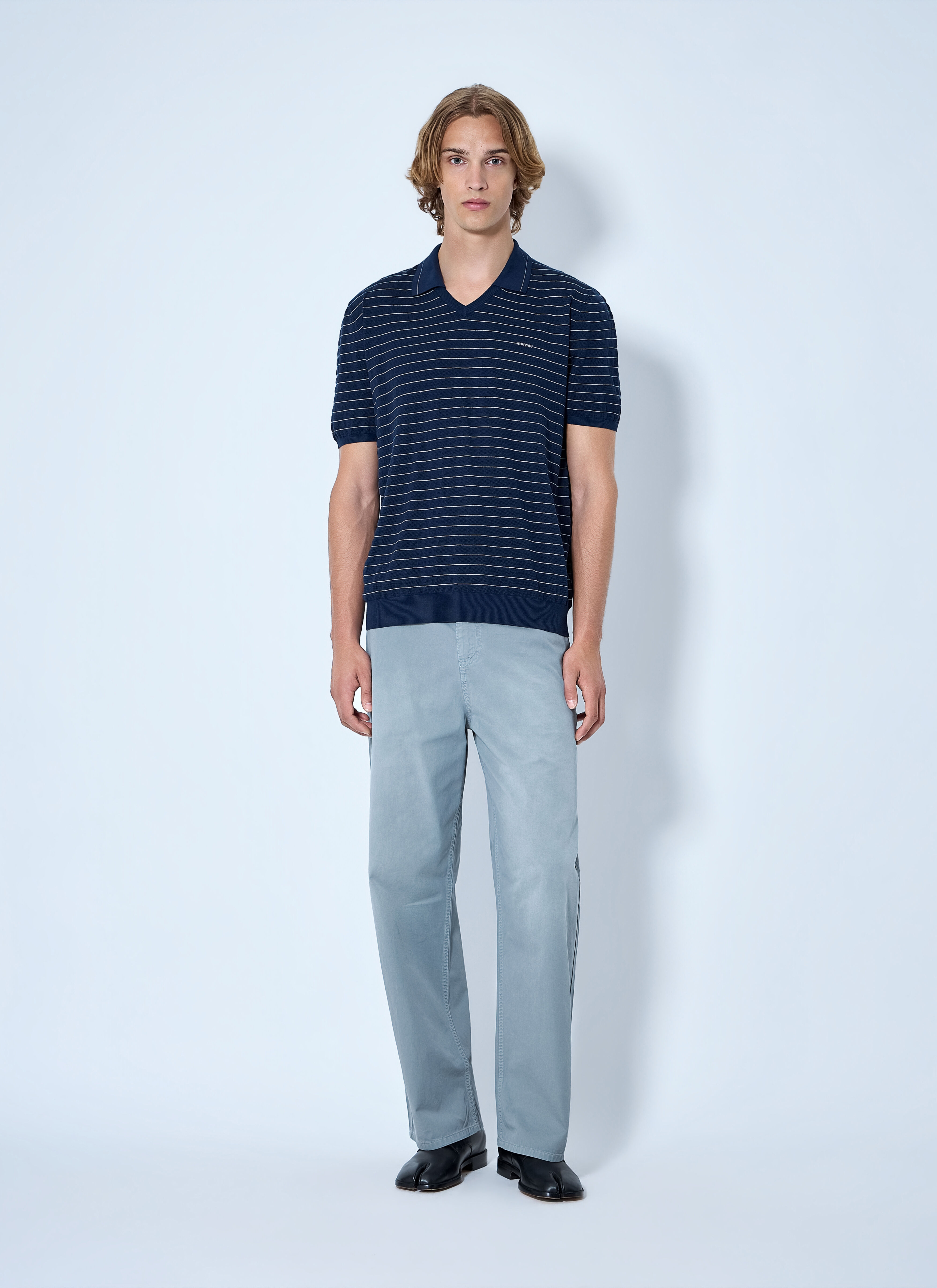 みゅうページ Miu Miu Men's' Striped V-Neck Polo Shirt in Blue | LN-CC®