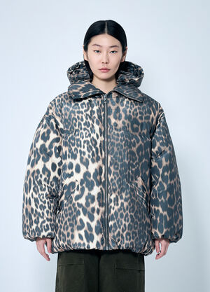 GANNI Leopard Midi Puffer Jacket Brown gan0259022