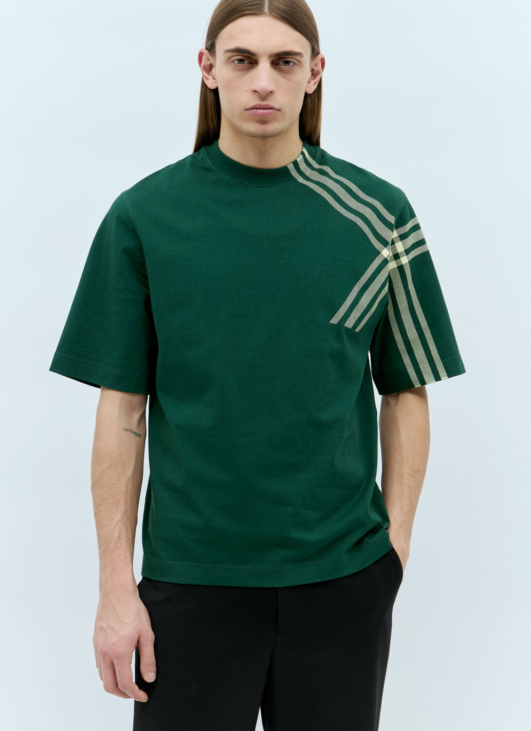 Shop Burberry Check Sleeve Cotton T-shirt In Green