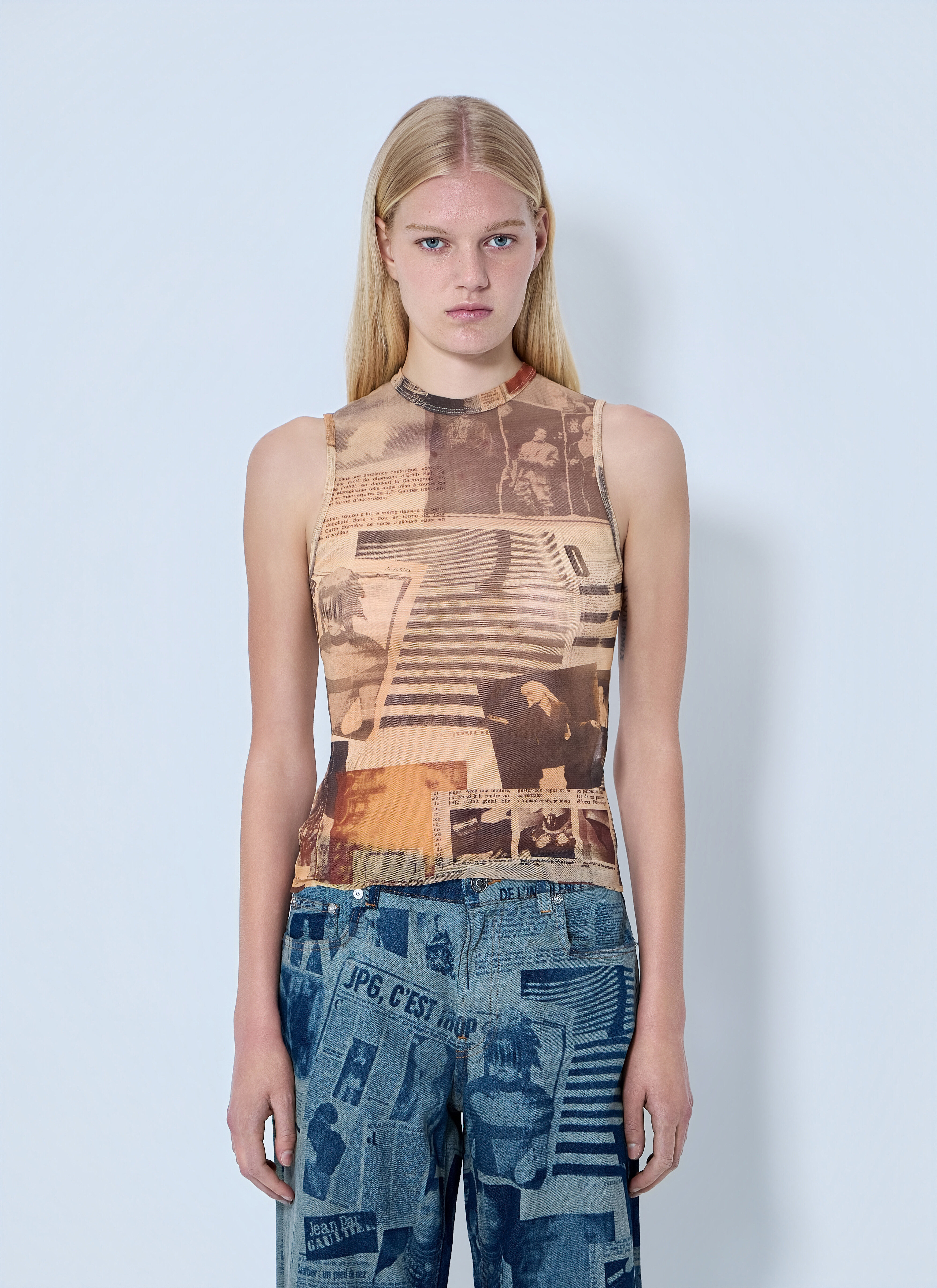 Jean Paul Gaultier Women's' Mesh Printed Journal Tank Top in Brown