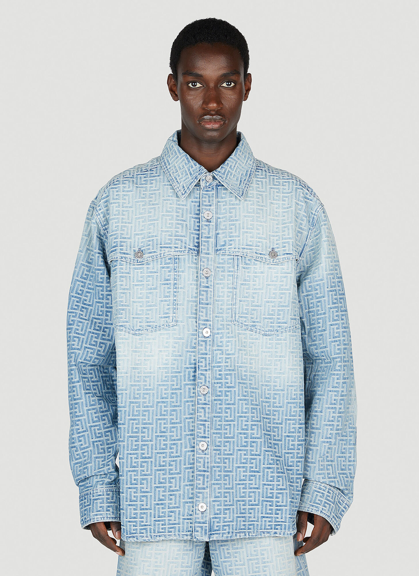 Balmain Monogram Denim Shirt In 6ff Bleu Jean