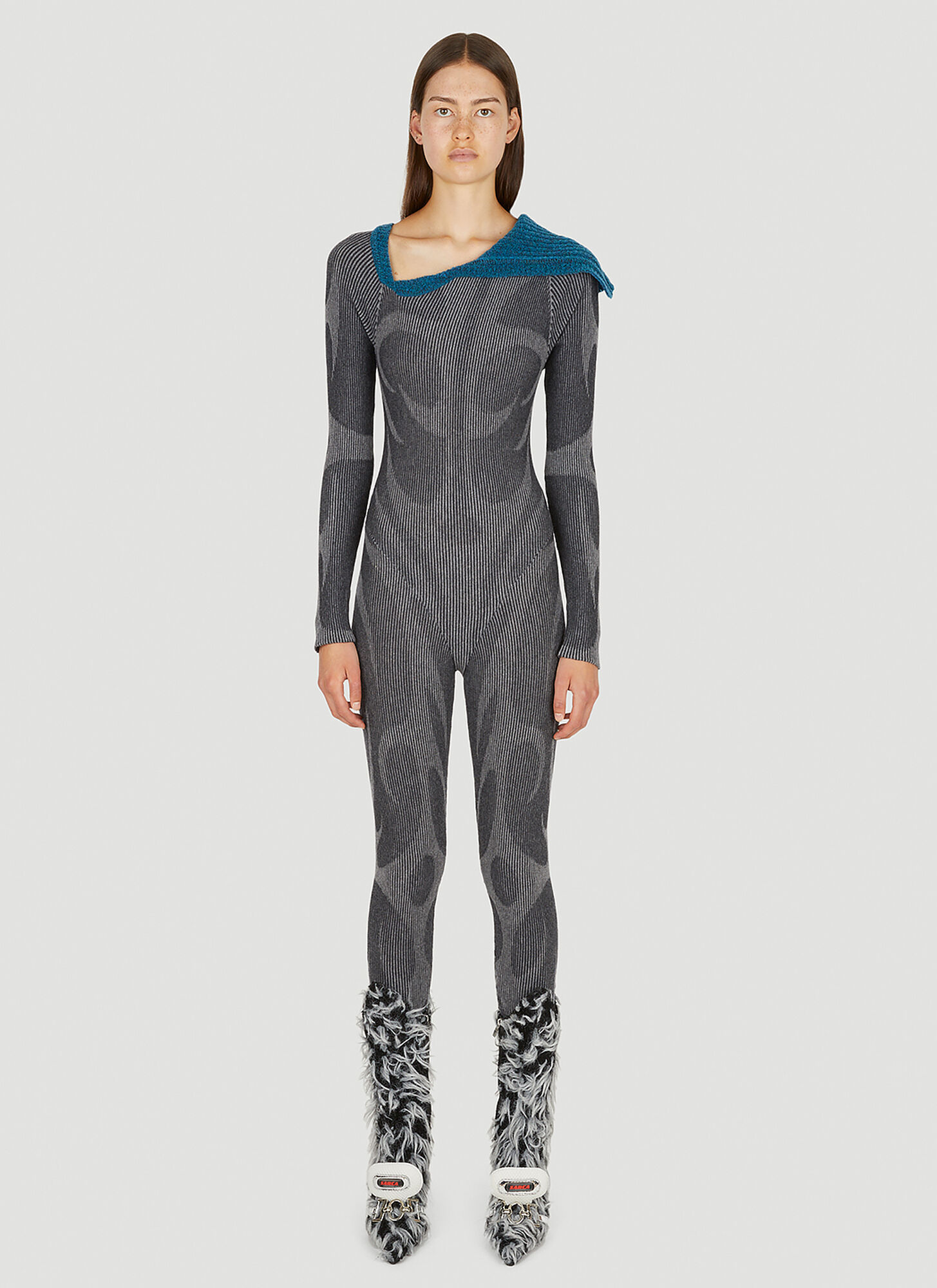 Paolina Russo Illusion Knit Catsuit In Grey
