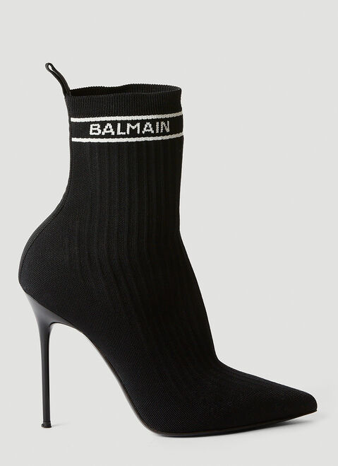 Balmain Logo Print Knit High Heel Boots Brown bln0254005