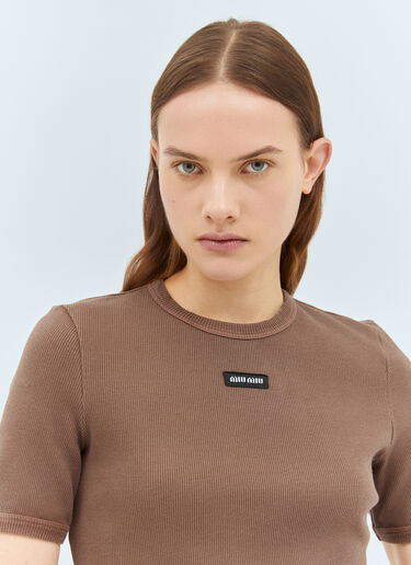 Miu Miu Logo Patch Ribbed T-Shirt Brown miu0259014
