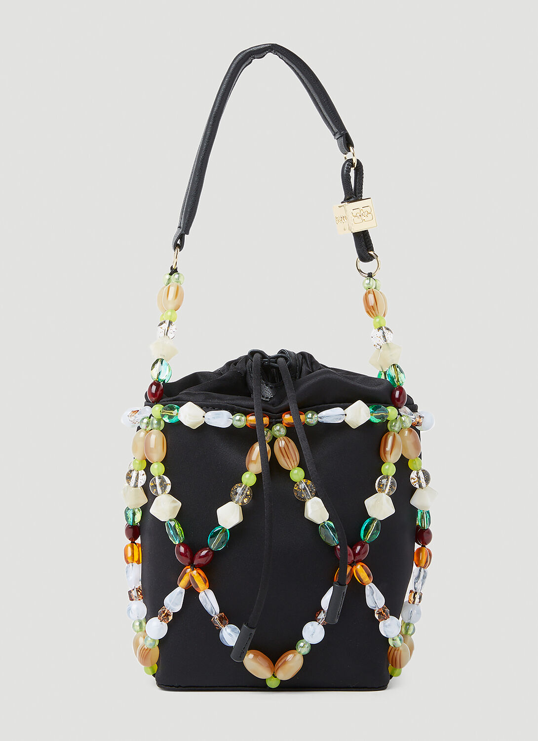 Shop Ganni Bucket Beads Handbag In Black