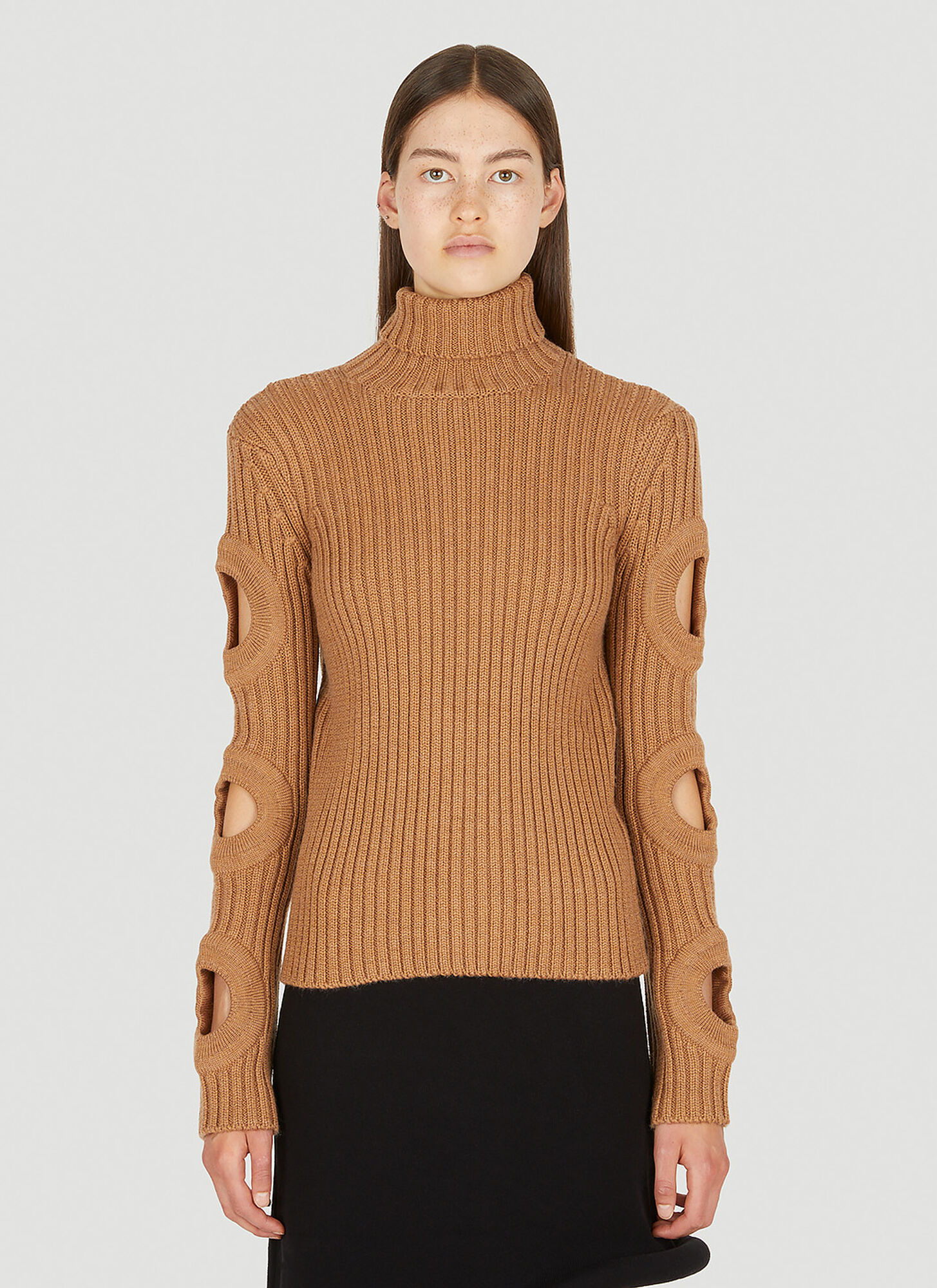 Shop Jw Anderson Cut-out Sleeve Roll Neck Sweater In Camel