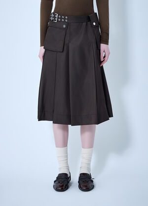 GANNI Duchesse Nylon Midi Pleated Pocket Skirt Dark Brown gan0263027