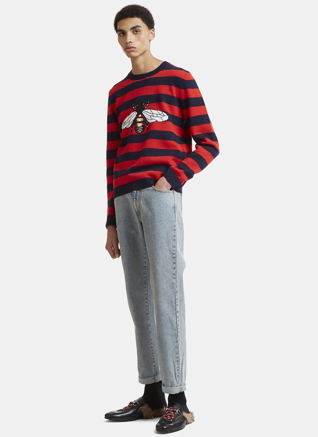 Gucci Bee Embroidered Wool Knitted Sweater in NAVY LN CC