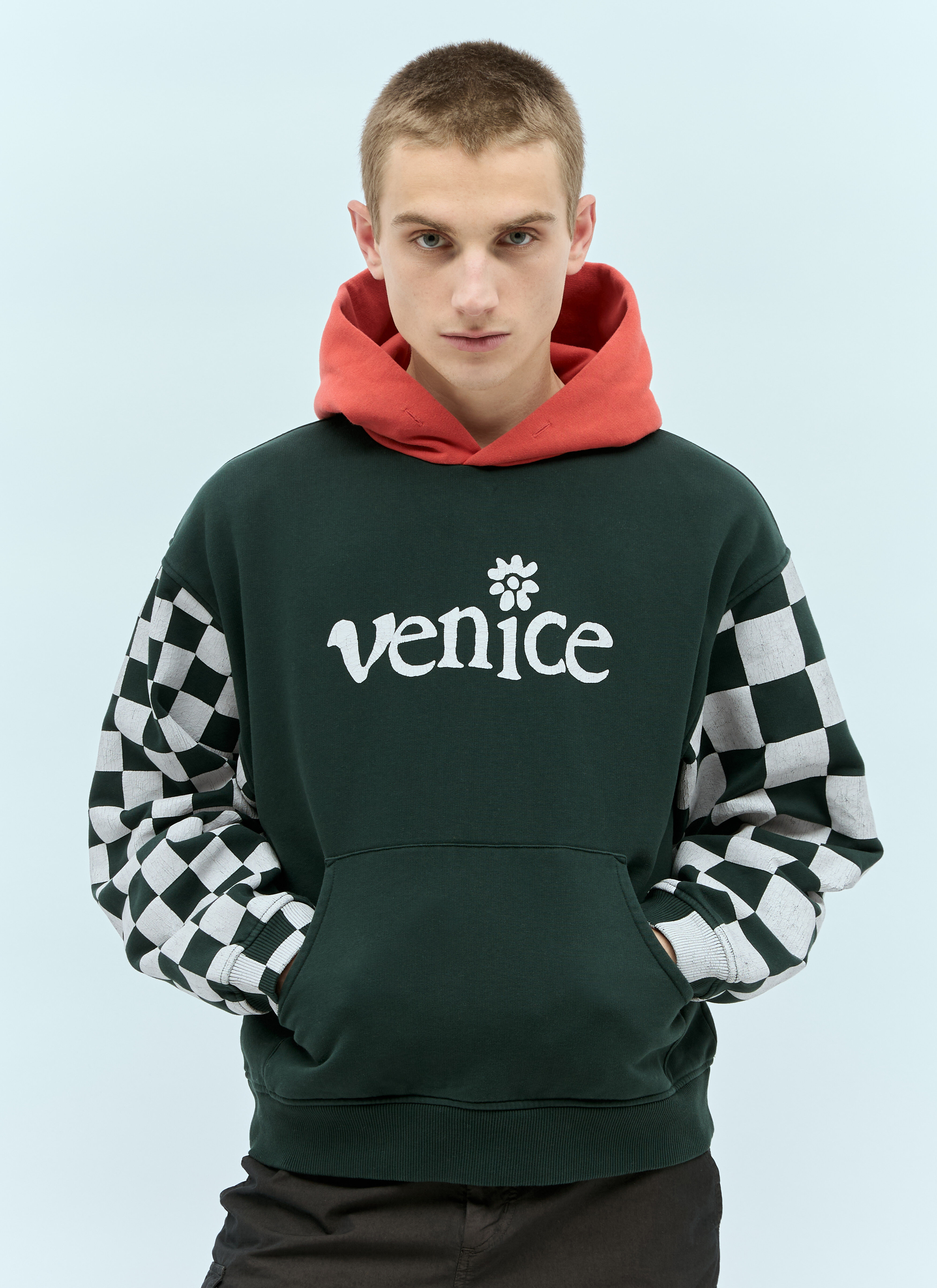 ERL Venice Checker-Sleeve Hooded Sweatshirt Grey erl0156008