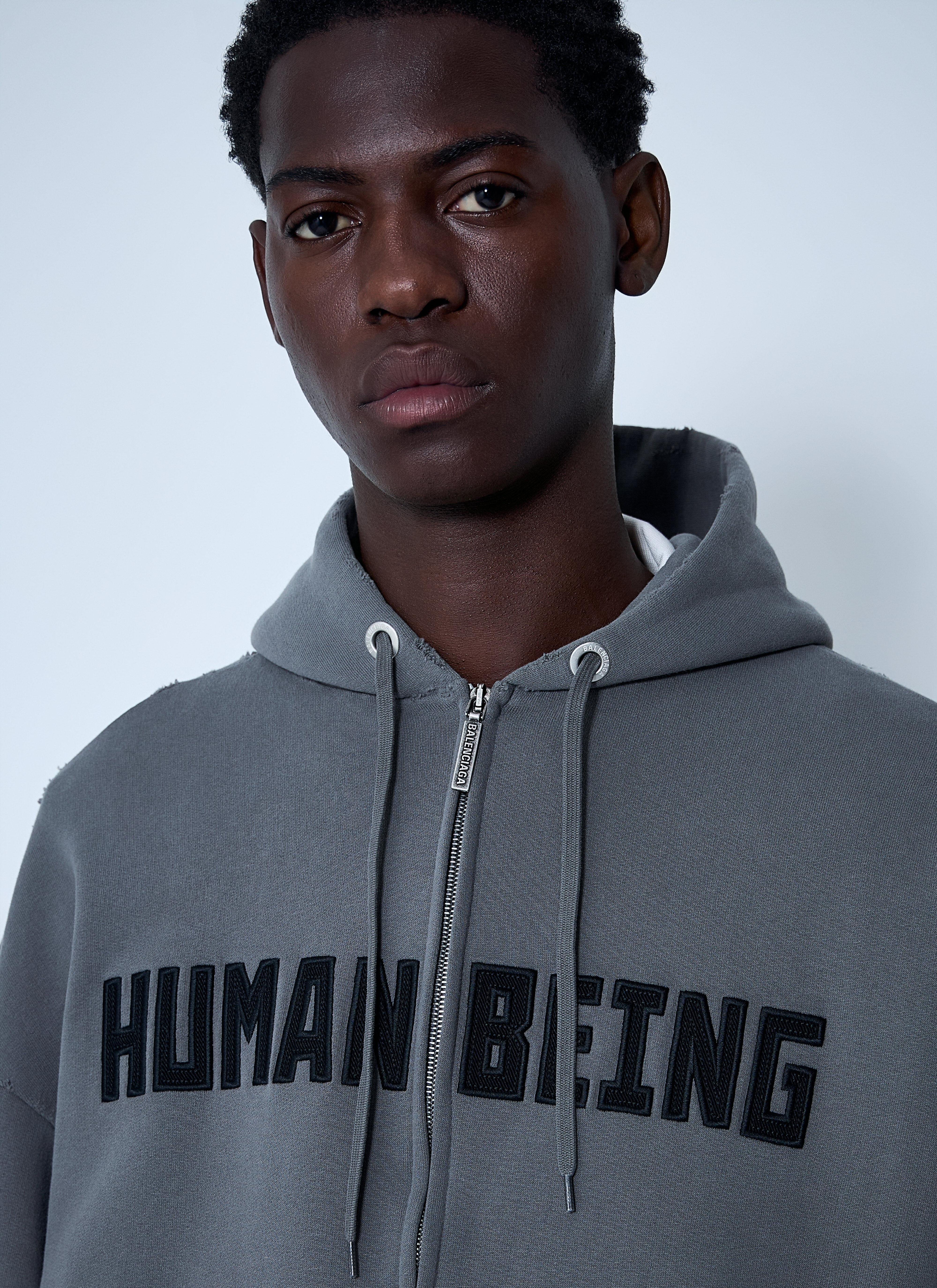 Balenciaga Men's' Zip-Up Human Being Hooded Sweatshirt in Grey