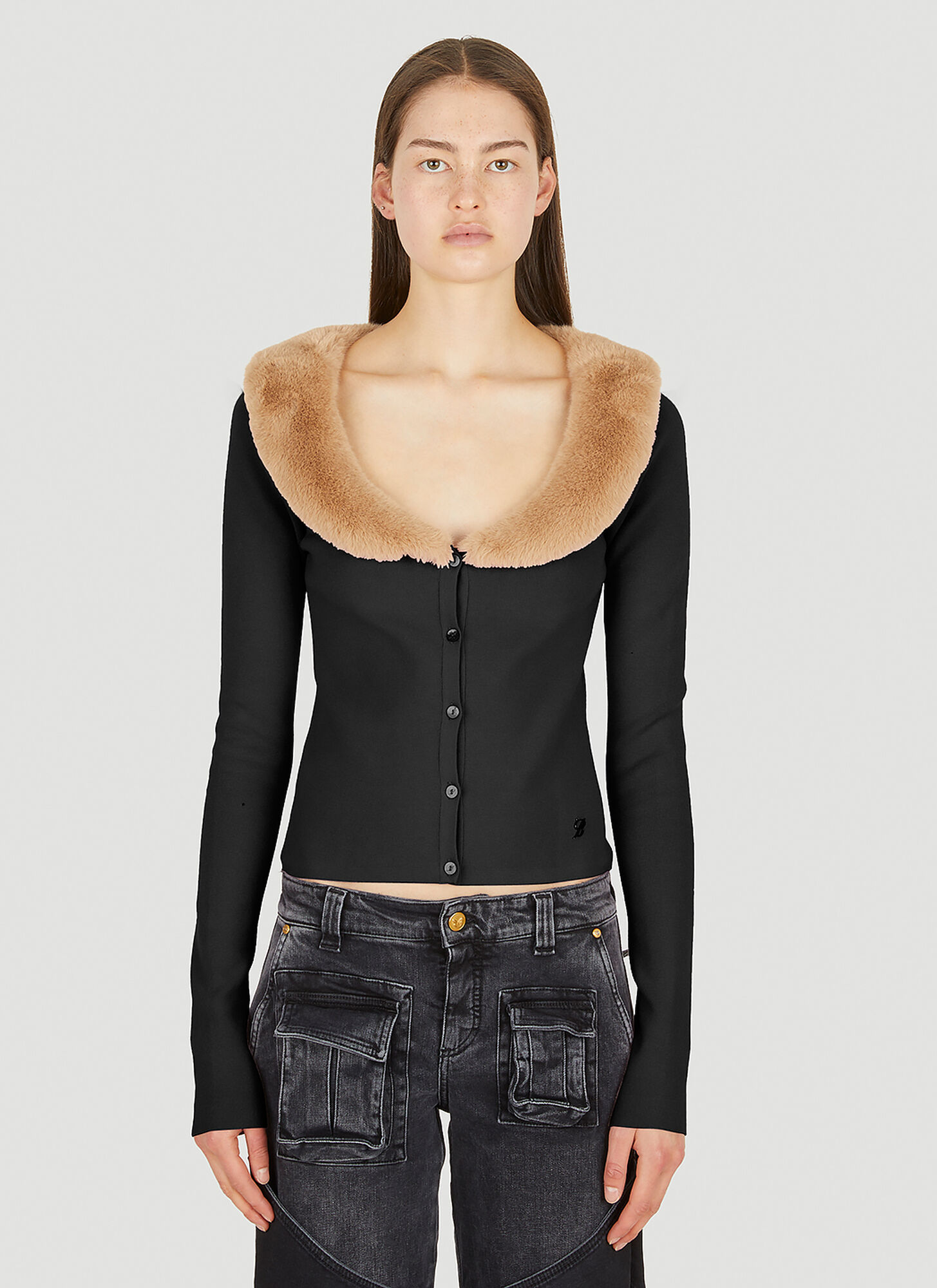 Blumarine Faux Fur Trim Cardigan In Black