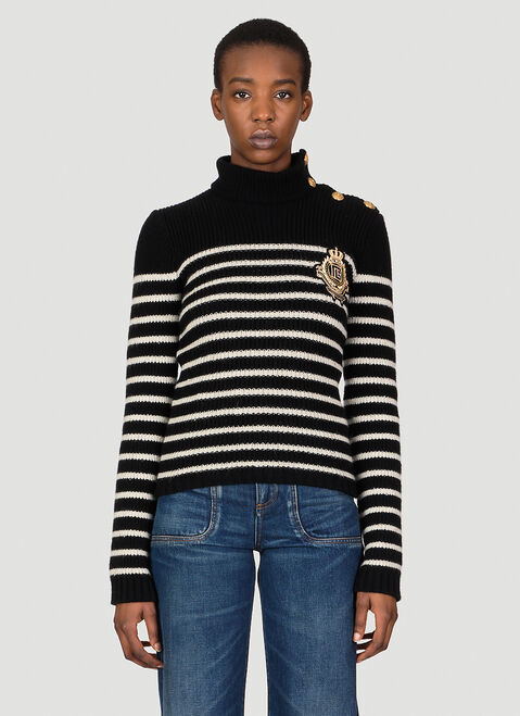 Balmain 3 Button High Neck Stripe Sweater Brown bln0254005