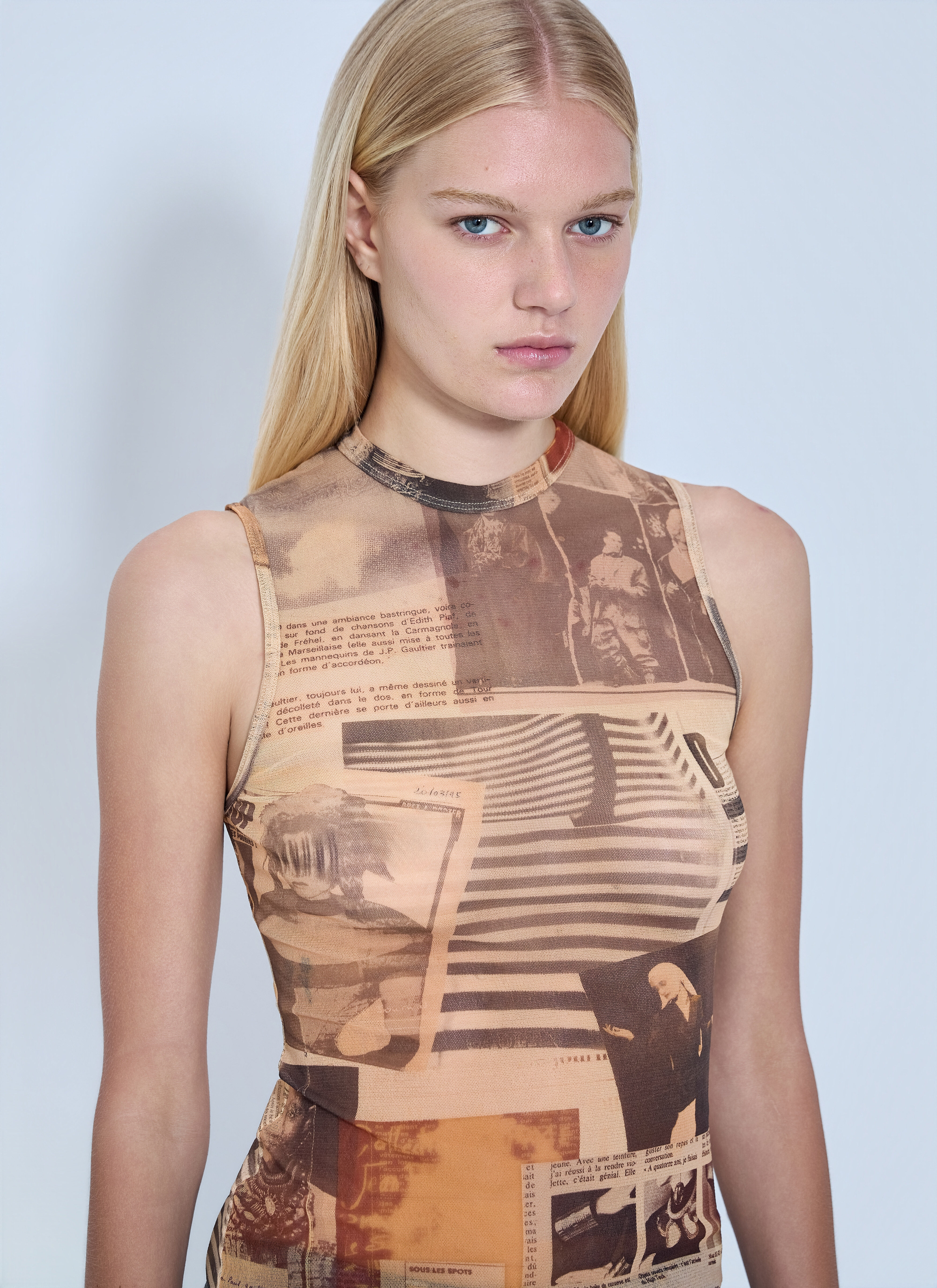 Jean Paul Gaultier メッシュタンクトップ Jean Paul Gaultier Women's' Mesh Printed Journal Tank Top in Brown