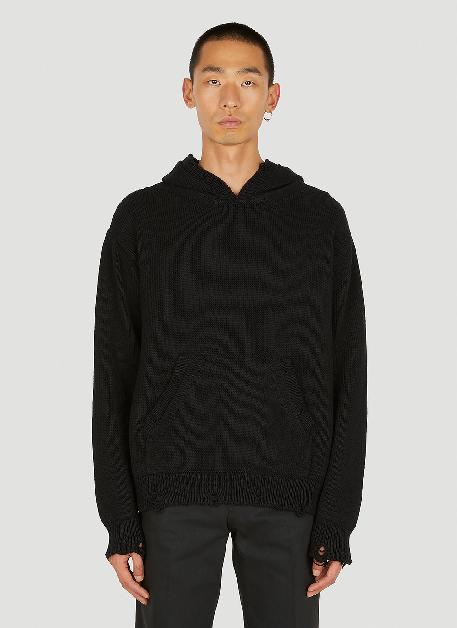 Saint Laurent Distressed Hooded Sweatshirt In Black