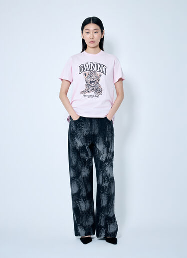 GANNI Leopard Jersey T-Shirt Pink gan0259043