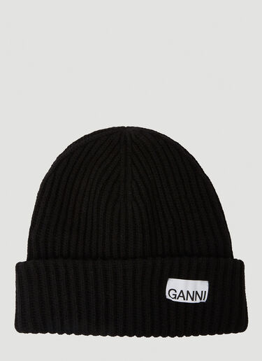 GANNI Logo Patch Ribbed Beanie Hat Black gan0250048