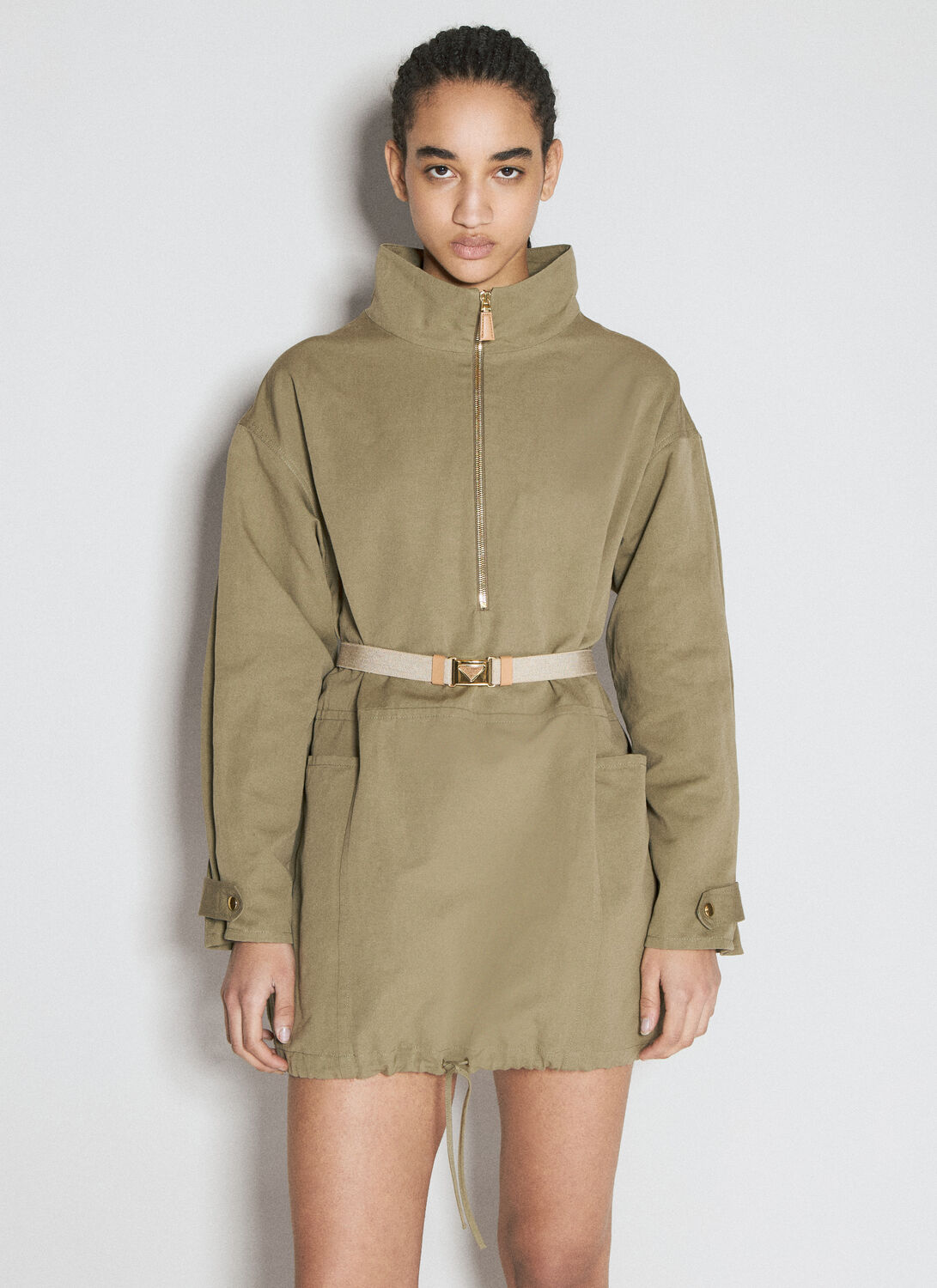 Prada Half Zipped Drawstring Jacket In Khaki