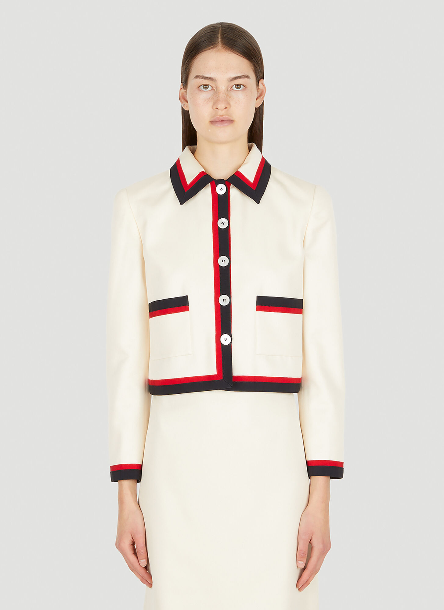 Shop Miu Miu Stripe Trim Suit Jacket In Cream