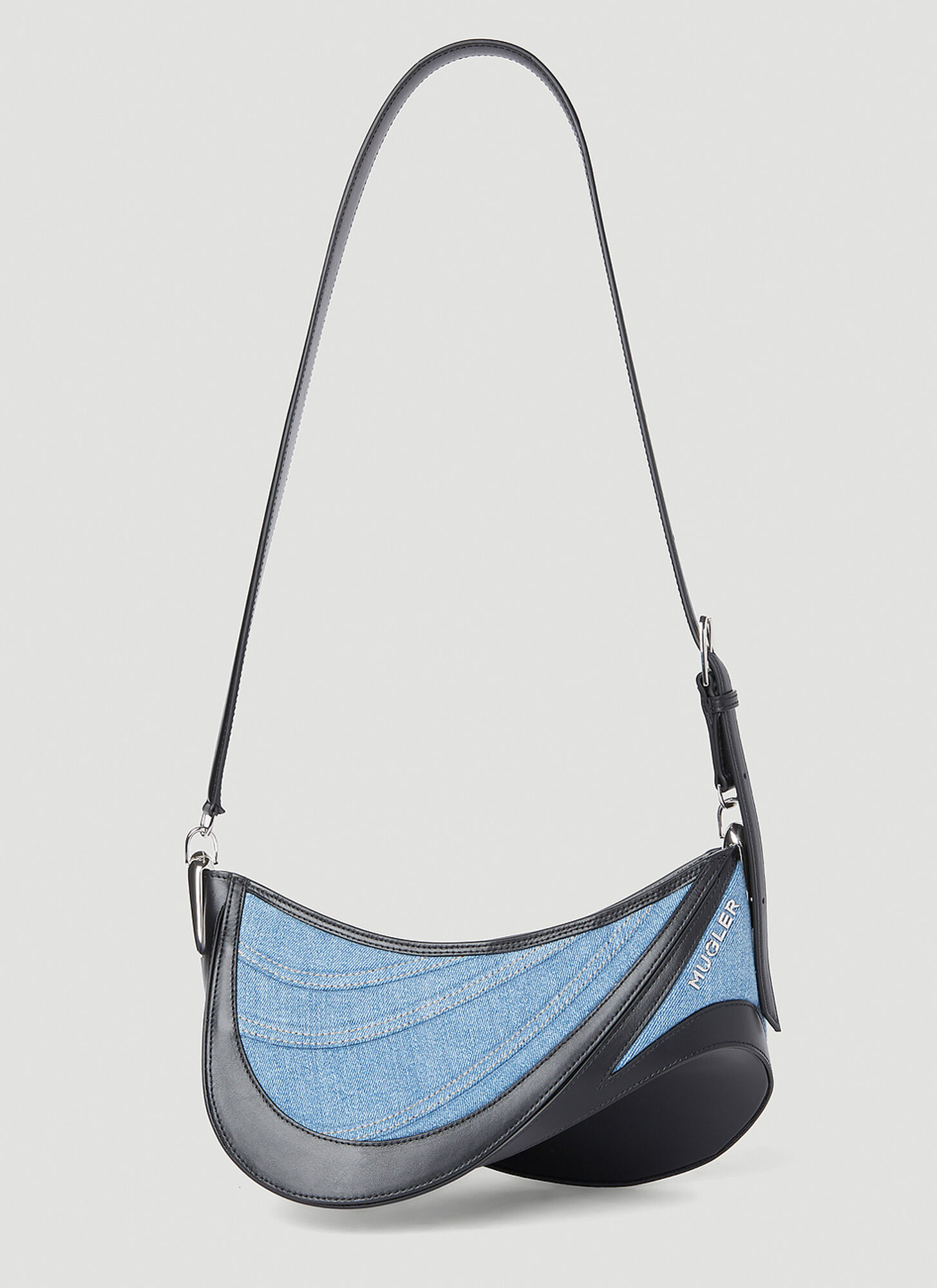 Mugler Denim Spiral Curve 01 Shoulder Bag In Light Blue