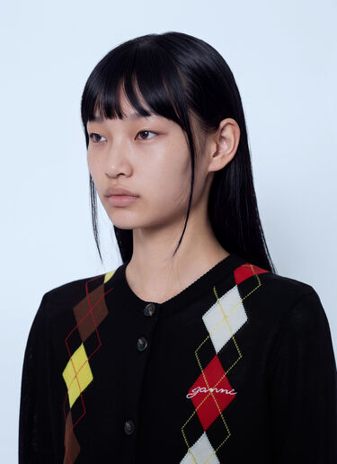 LN-CC® - GANNI: Light Cotton Argyle Cardigan - Black GANNI Light Cotton Argyle Cardigan Black gan0265020