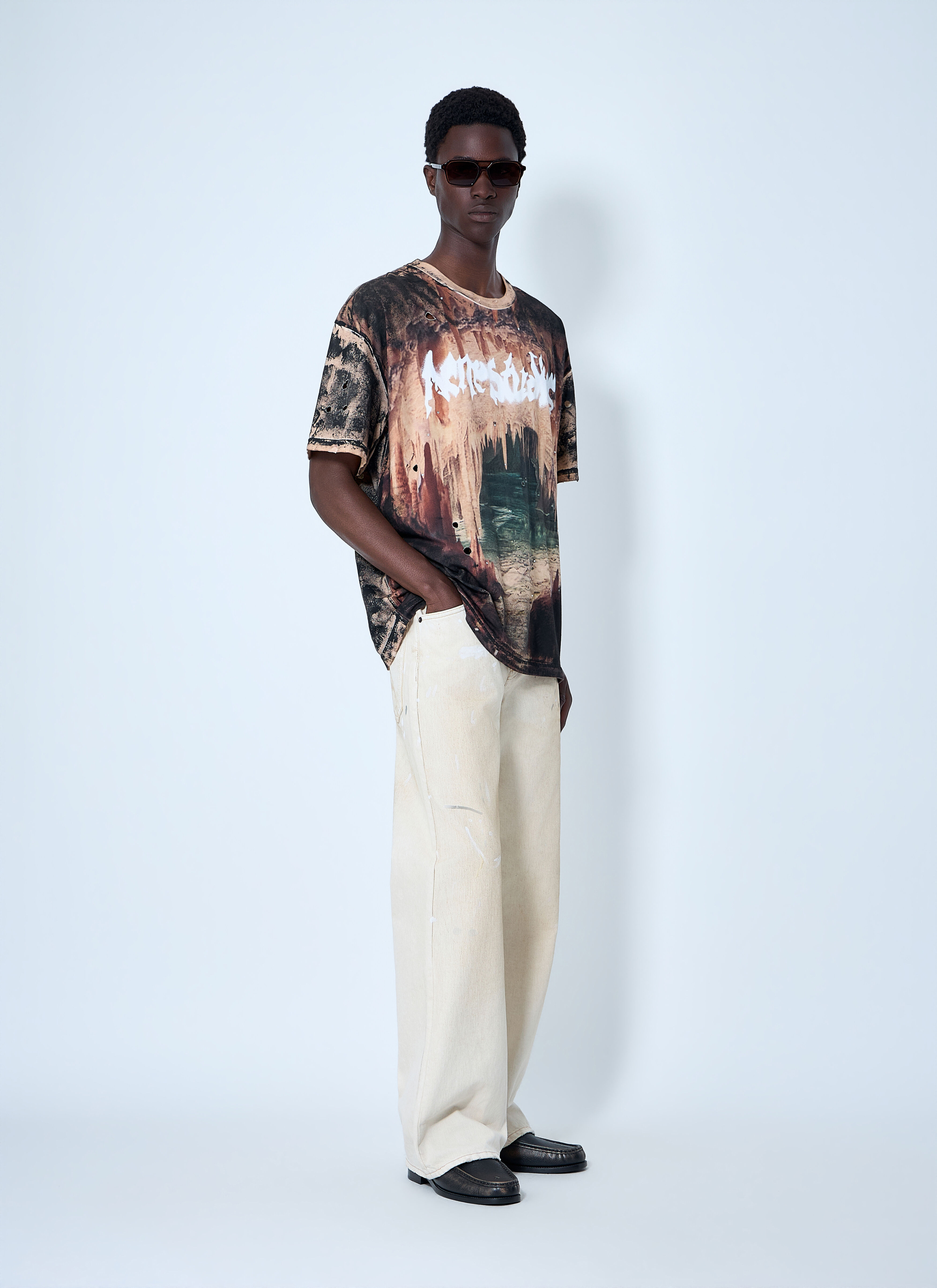 Acne Studios Men's' Paint-Splatter Wide-Leg Denim Jeans in White