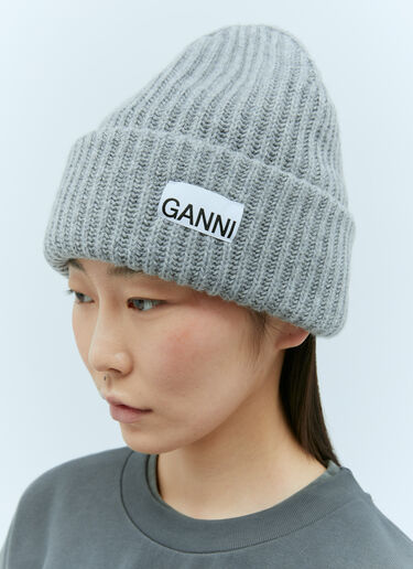 GANNI Logo Patch Beanie Hat Grey gan0255069