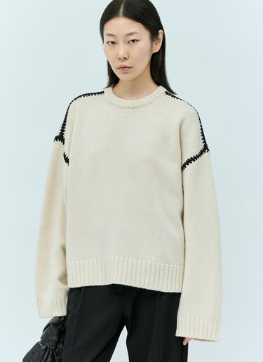 TOTEME Embroidered Wool Cashmere Knit Sweater Cream tot0255030