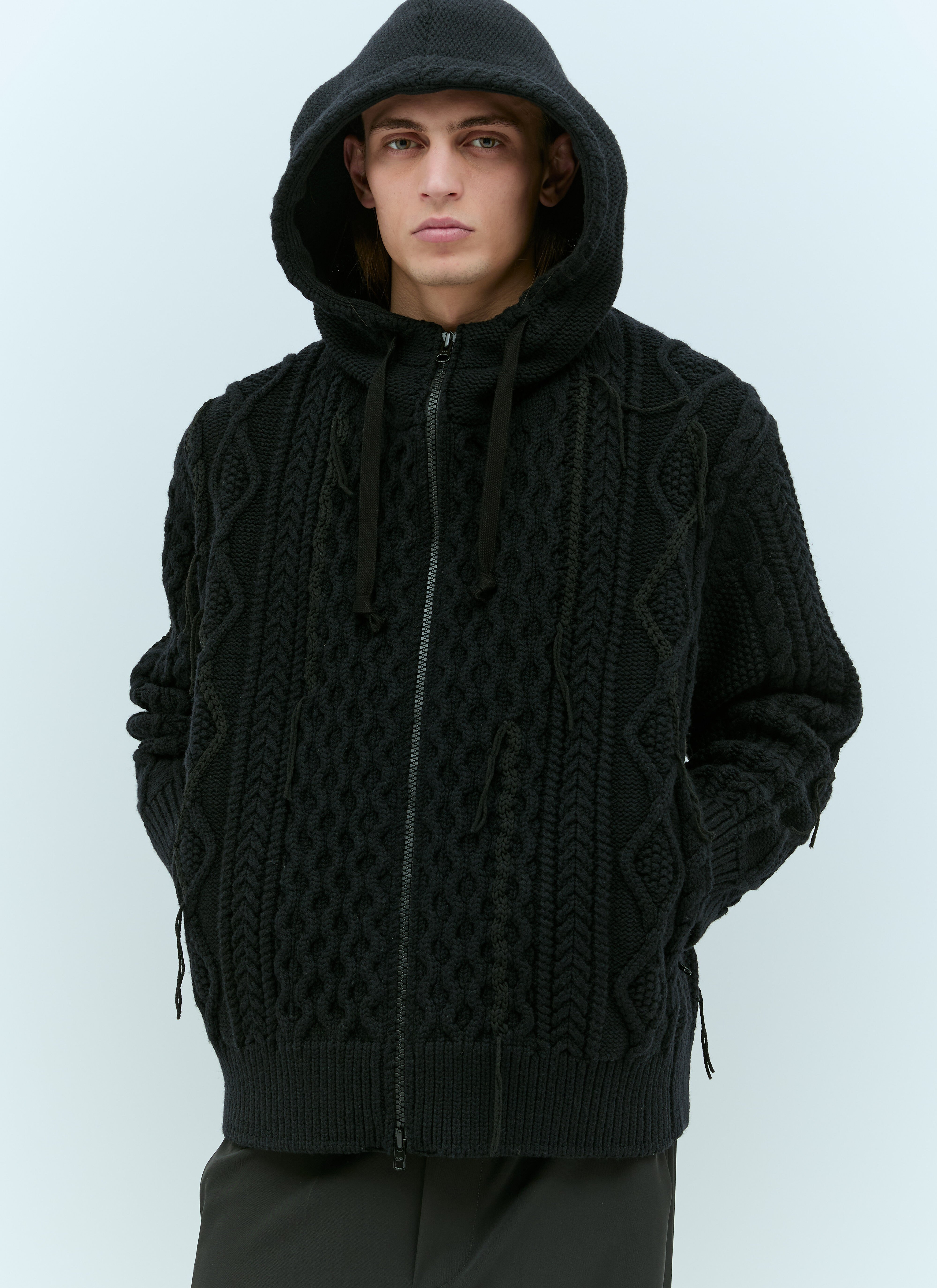 Balmain Cabel Knit Hooded Zip-Up Cardigan Black bln0153010