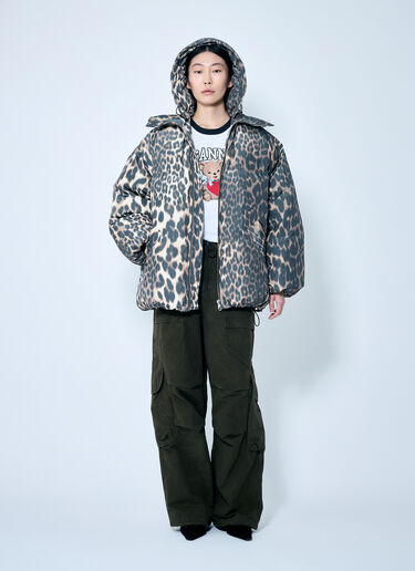 GANNI Leopard Midi Puffer Jacket Brown gan0259022