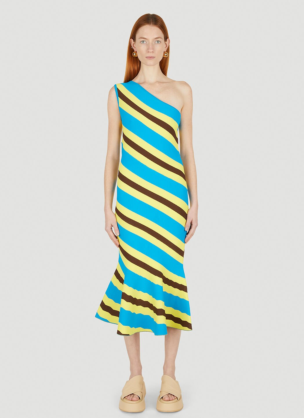 JW Anderson One Shoulder Striped Midi Dress en Blue LN CC