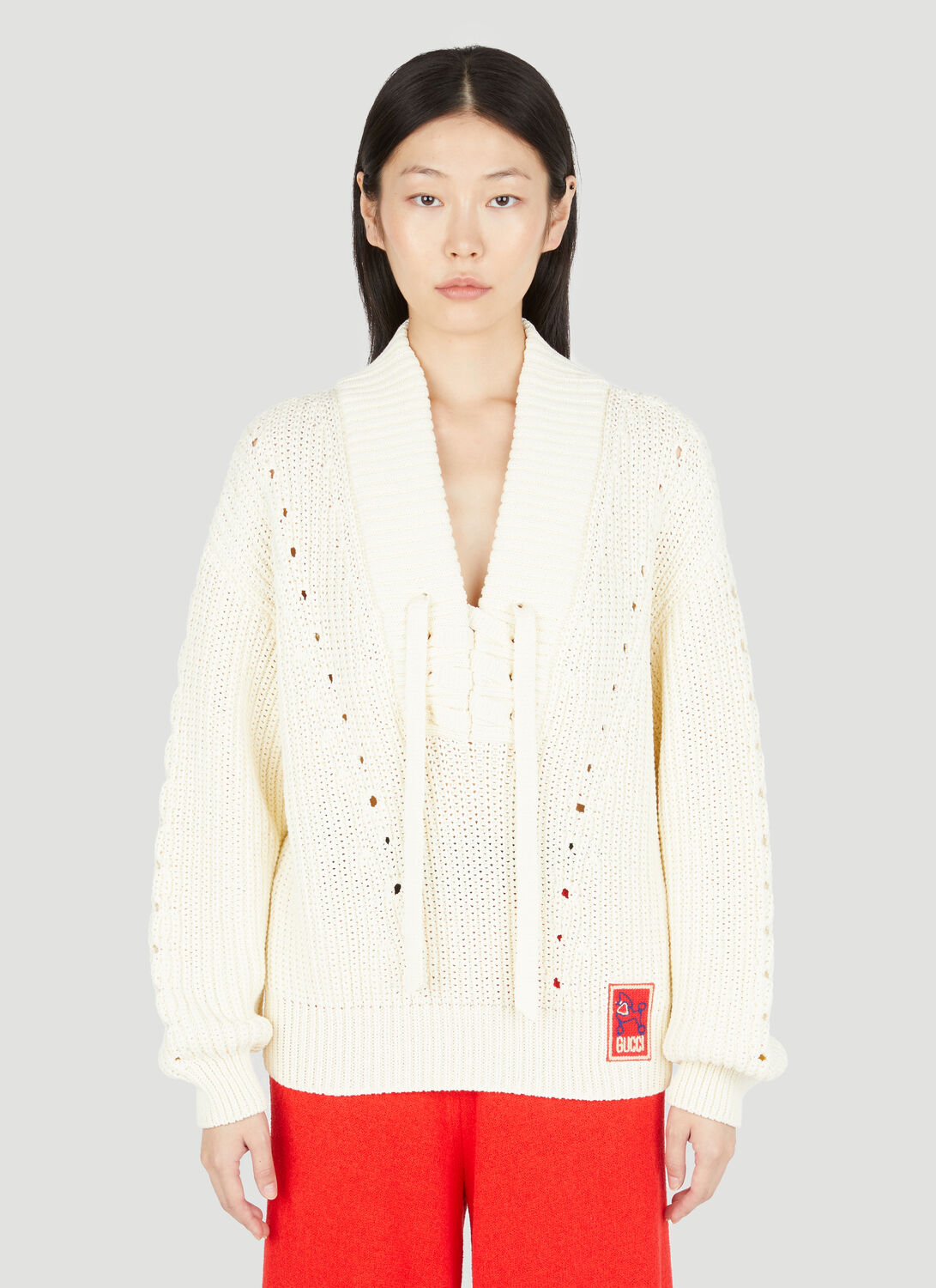 Shop Gucci Lace-up Knit Sweater In White