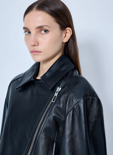 LN-CC® - Sportmax: Leather Asymmetrical Zip Jacket - Black Sportmax Leather Asymmetrical Zip Jacket Black spx0265016