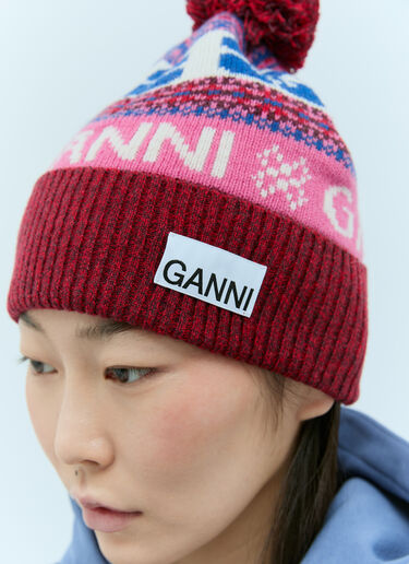 GANNI Logo Jacquard Beanie Hat Red gan0255078
