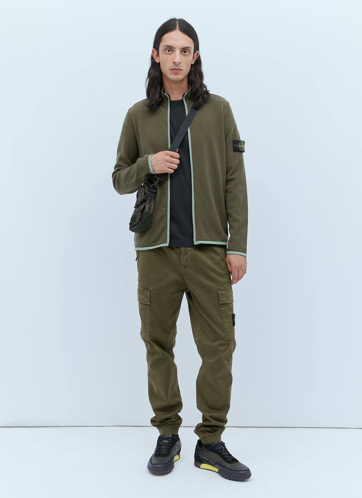 Shop Stone Island Zip-up Compass Patch Knit Sweater In Green
