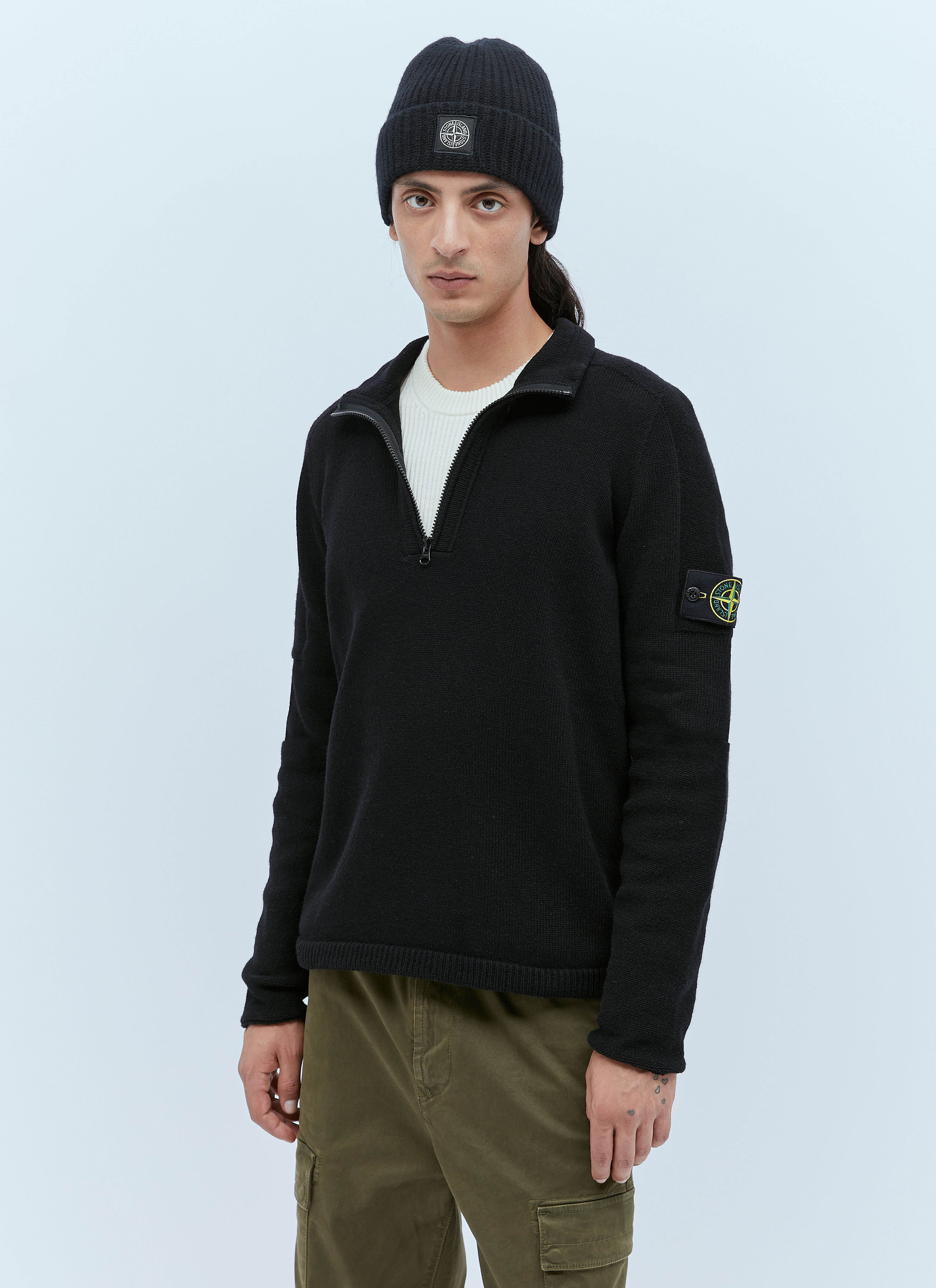 Stone Island Zip Up Compass Patch Knit Sweater in Black LN CC