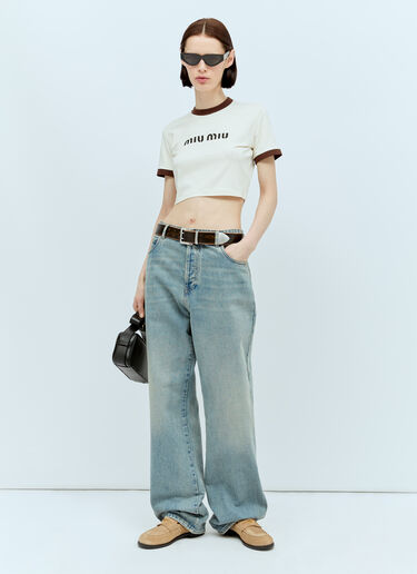 Miu Miu Logo Print Cropped T-Shirt Cream miu0256080