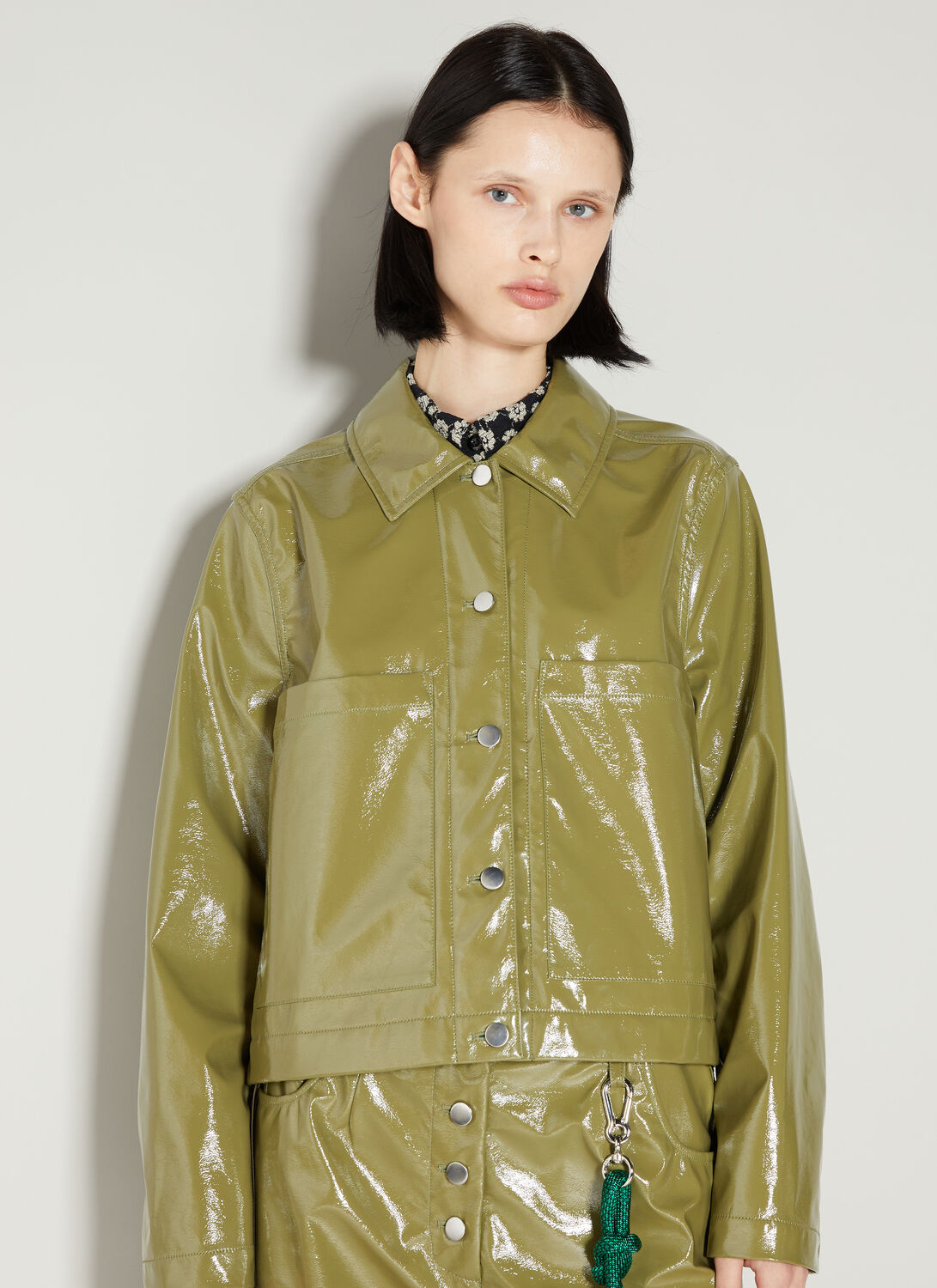 Shop Song For The Mute Cropped Glossy Vinyl Jacket In Olive