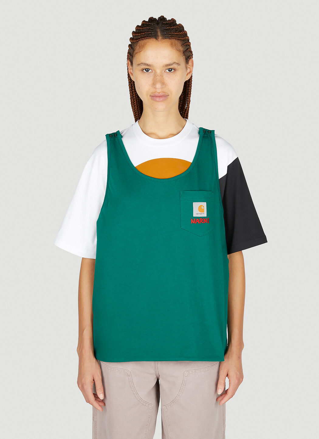 Marni x Carhartt 로고 패치 빕 티셔츠 그린 mca0250015