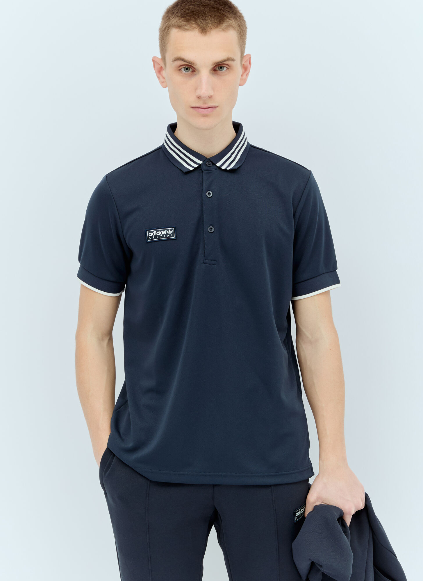 Shop Adidas Originals By Spzl Logo Patch Polo Shirt In Navy