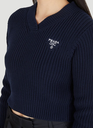 Prada Embroidered Logo V Neck Sweater Navy pra0249002