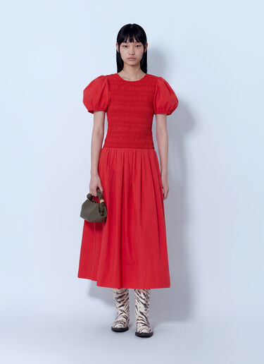 LN-CC® - GANNI: Stretch Cotton Long Smocked Pleated Dress - Red GANNI Stretch Cotton Long Smocked Pleated Dress Red gan0265037