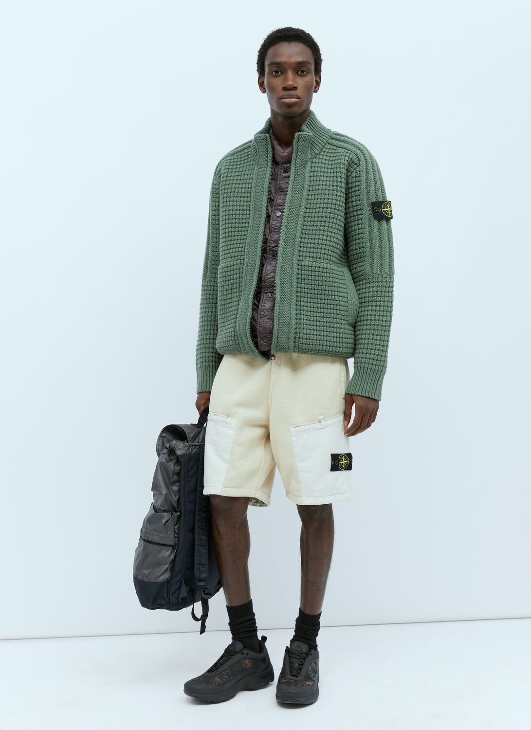 Shop Stone Island Padded Lined Wool Knit Cardigan In Green