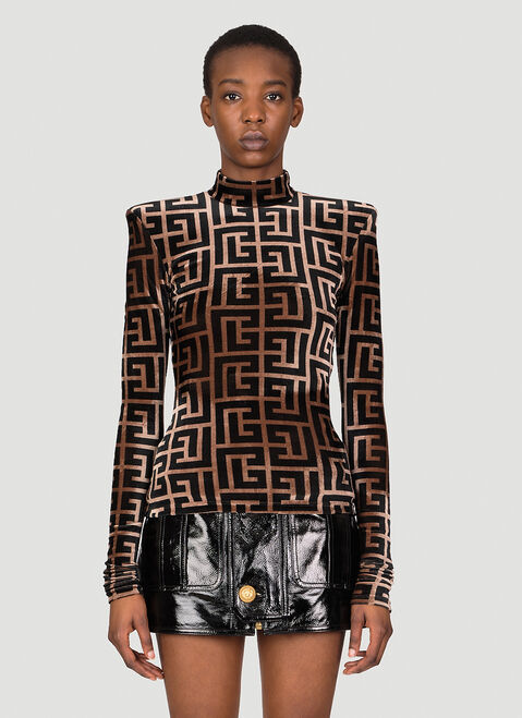 Balmain Monogram Velvet Long Sleeve Top Brown bln0254005
