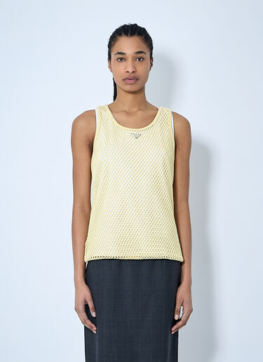 Prada Logo Plaque Open- Knit Tank Top Beige pra0260015